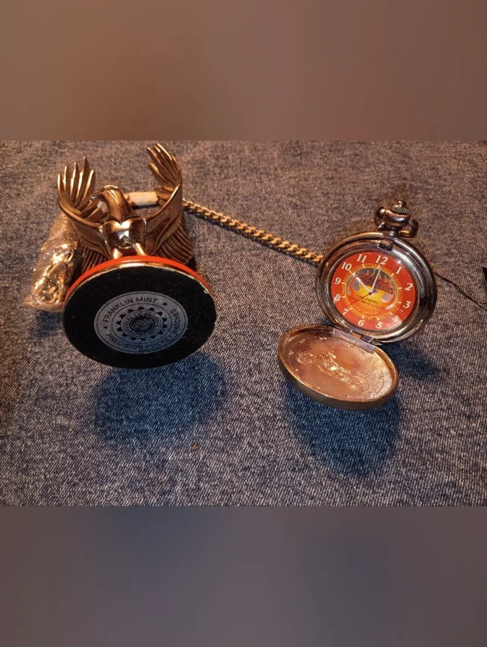 Harley-Davidson Orange and Silver Pocket Watch with Chain And Eagle Stand